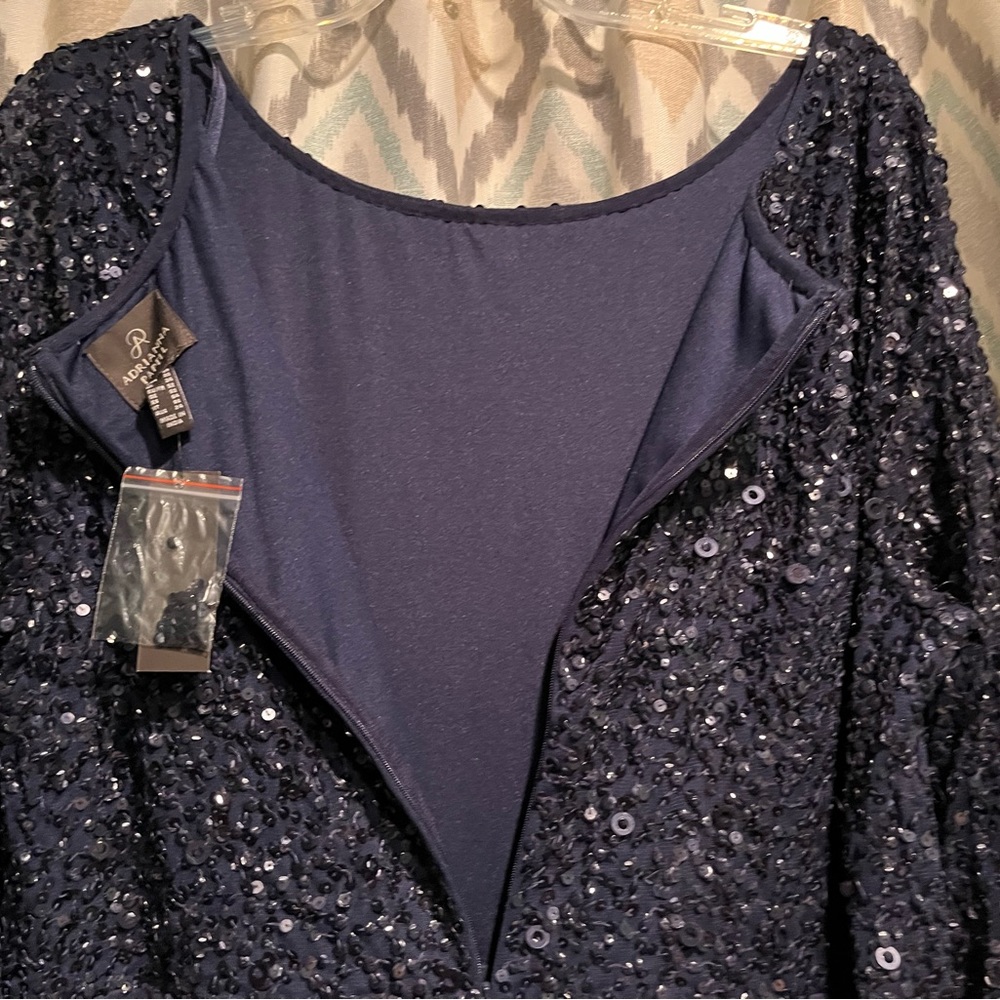 Adrianna Papell New Womans Beaded Boat Neck Gown Navy Blue Size 20 Flared Sleeve - Picture 7 of 10